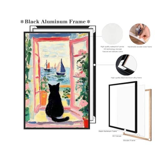 Vintage Colorful Black Cat Wall Art Funny Floral Oil Painting Poster Aesthetic Animal Print Window Landscape Picture for Dorm Bedroom Gallery Living Room or Pet Lover 8x12inch Black Aluminum Frame - color: Colorful - Black Aluminum Frame, size: 8"L x 12"W