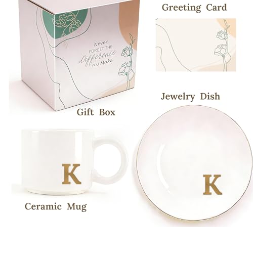 RainVibe Elegant Gift Set for Women – Personalized Monogram Ceramic Mug & Jewelry Tray – 12 oz Gold-Initial Coffee Cup with Gift Box, 4.75" Decorative Dish for Rings, Earrings, Keys (Letter K) - color: Letter K