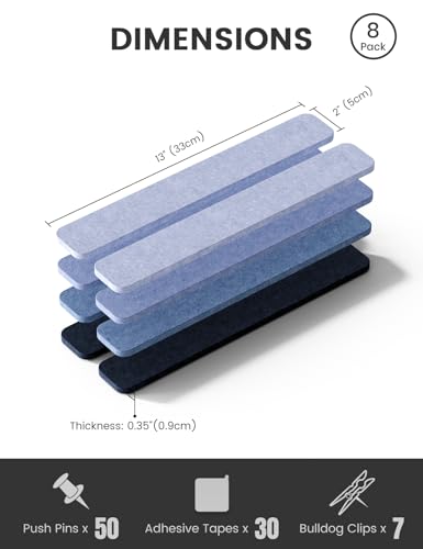 Fluxynara Cork Board Alternative Felt Strip Board 8-Pack 13"x2", Office Pin Board with 50 Push Pins, Adhesive Install for Bedroom Door & Home Office (Denim Mist) - color: Denim Mist, size: 8-pack