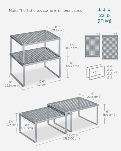 SONGMICS Spice Racks, Set of 2 Metal Cabinet Shelf Organizers, Countertop Organizers, Shelf Risers, Stackable, Expandable, Silver UKCS01SV - color: Silver, size: 9"D x 12.6"W x 6.1"H + 8.6"D x 12.6"W x 5.4"H