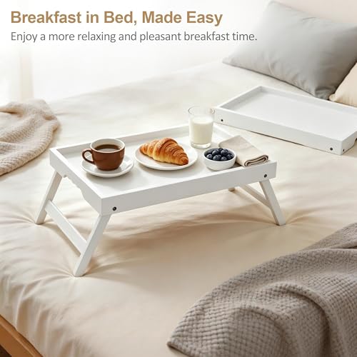 Breakfast Tray with Folding Legs Set of 2, Bamboo Bed Tray Table 15.7" Foldable TV Dinner Tray with Ergonomic Wave Handles for Bed Couch Sofa, Breakfast, Snacks, Coffee, White - color: White, size: Medium