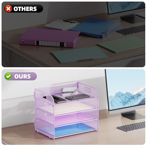 Marbrasse 2 Pack 4 Tier Paper Organizer Letter Tray - Mesh Desk File Organizer with Handle, Paper Sorter Organizer for Letter/A4 Office File Folder Holder (Purple, 12.6" x 9.1" x 10.7") - color: Purple-2p