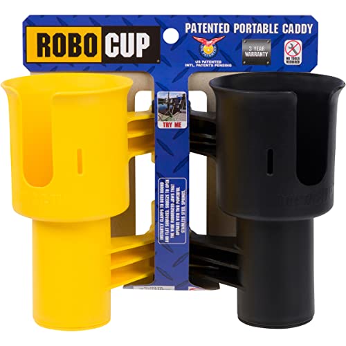 ROBOCUP, (Yellow & Black), Patented Clamp On Boat Cup Holder |Multifunction Dual Drink Caddy for Fishing Poles, Tools, Net, Gaff |Portable Storage for Boating, Beach, Umbrellas, Golf Carts, Strollers - color: Yellow & Black, size: Standard Spring