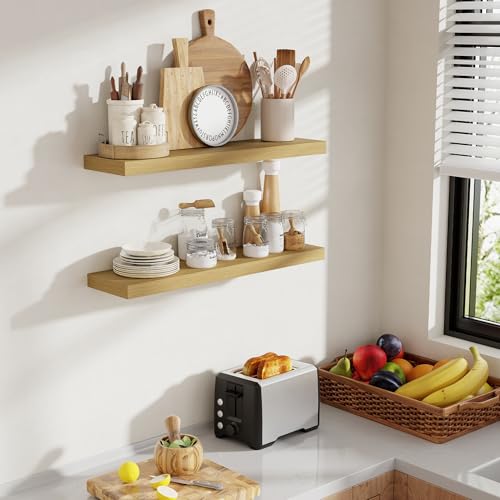 Acovy 30 Inch Floating Shelves, 8 Inch Deep Floating Shelves for Wall, Hanging Shelf with Invisible Brackets, Deep Shelves for Bathroom, Bedroom, Living Room, Oak, Set of 2 - color: Oak, size: 8"Wx30"L-2pcs