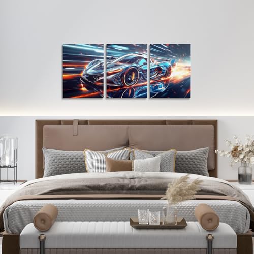 Boys Race Car Wall Art,Cool Race Sports Car Canvas Wall Art Set of 3 for Kids Boys,Teal Blue Racing Cars Poster Prints for Boy,Glitter Stripes Cool Sports Cars Decor,Soft Lightweight,12x16 - color: Teal Blue
