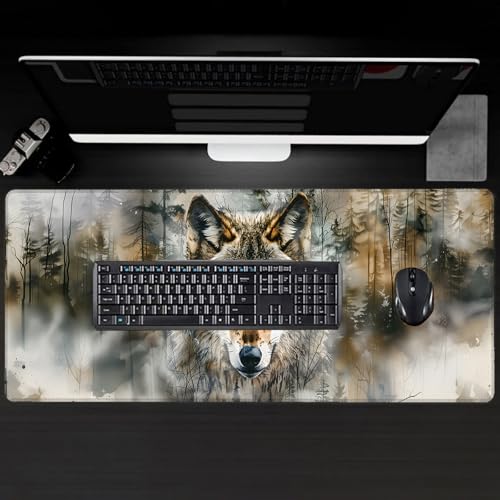 Cool Wolf Large Gaming Desk Mat,Rubber Non-Slip Majestic Forest Mouse Pad,31.5x11.8x0.12in Extended Wildlife Mousepad,Game Lover Mice Pads Gifts,Office Home Deskmat Decor - color: Wolf