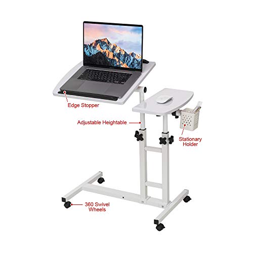 Overbed Table,Adjustable Laptop Desk with Cart, Computer Workstation, Bed Side Table, Tiltable Table and Mouse pad for Laptop-Marble White