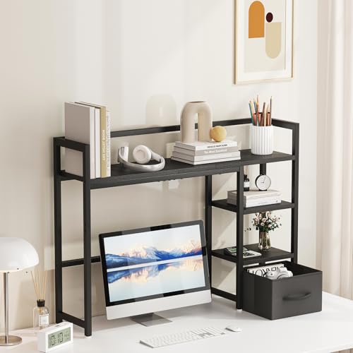 Marbrasse Desk Shelf with Drawer, 40" Desk Hutch for Computer Monitor, Desk Shelf for top of Desk, Wooden Desktop Bookshelf Storage Rack for Home Office Dorm - Black - color: Black
