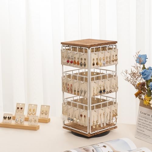 360 Rotating Earring Display Stands for Selling, Earring Rack Display Holder Stand, Jewelry Display for Vendors Selling Earring Cards, Necklaces, Bracelets, Hair Accessories (48 Hooks) - color: White+Brown, size: 1Pcs-Rotating Size