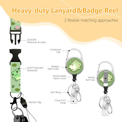 Frog Badge Holder with Lanyard, Cute Frogs ID Badge Holder with Retractable Reel Clip and Keychain for Animal Lover, Vertical Identity Card Cover Case Protector for Women Nurse Teacher - color: Frog-green