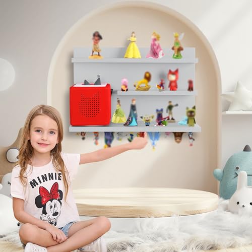 PHOENANCEE for Tonies Shelf Magnetic,for Toniebox Figures Storage Display Shelf (40-48 Character),Wall Floating Shelves,Compatible Charging Station for Children Kid's Room,Pine,3 Tier(Gray White) - color: Gray White, size: 3-Tier