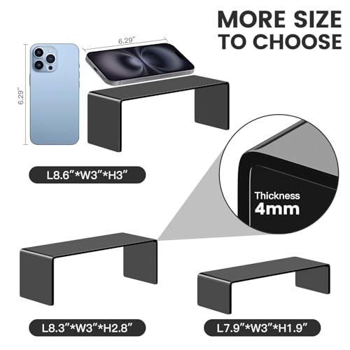3 Pack Black Acrylic Display Risers, Tiered Display Stand Set in 3 Sizes for Perfume, Cosmetics, Cupcakes, Figures, Toy Cars, Collectibles and Small Decor
