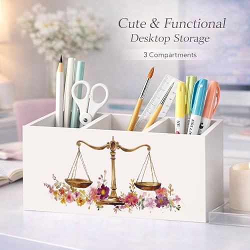 Lawyer Justice Scale Wooden Desk Organizer 3-Compartment Pen Holder | Justice scale design with 3 compartments to hold pens, pencils, and office supplies for legal office, home, or desk. - color: Floral Justice Scale