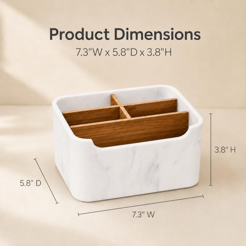 Remote Control Holder, Desk Organizer with Removable Dividers,White | 5-compartment resin and wood organizer holds remotes, pens, glasses, and media devices for desk, coffee table, or nightstand. - color: MARBLE, size: 1 Pack