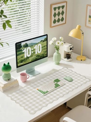 Scalloped Beige Checkered Gingham Desk Mat Cute Pastel Large Mouse Pad Kawaii Cottagecore Vintage Rustic Keyboard Pad Computer Mat for Desktop Aesthetic Cozy Office Desk Decor - color: A1-beige