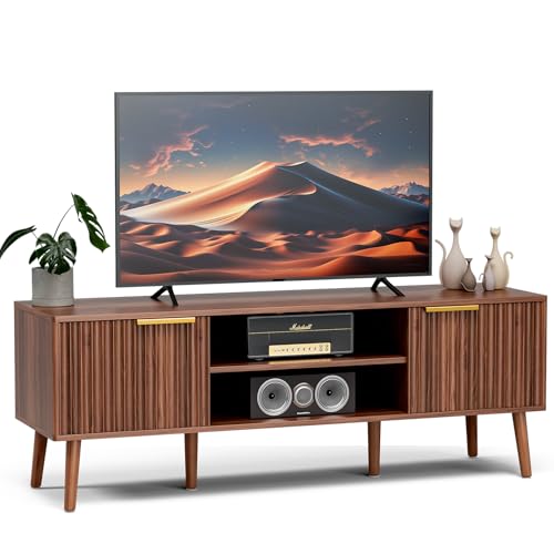 LCRBOL TV Stand with Fluted Doors for TVs up to 65", Mid-Century, Walnut | 54.3"W x 15.3"D x 19.6"H, 150 lbs capacity, 2 fluted door cabinets & 2 adjustable shelves, cable holes, 5 tapered legs - color: Walnut