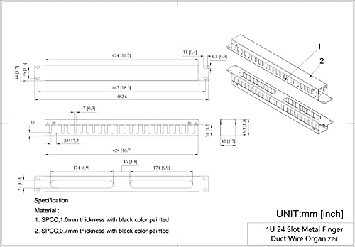 2 Pack 1U 19 Inch Cable Manager Horizontal Rack Mount 24 Slot Metal Finger Duct Wire Organizer with Cover and Mounting Screws for Server Rack, Black(24S2P)