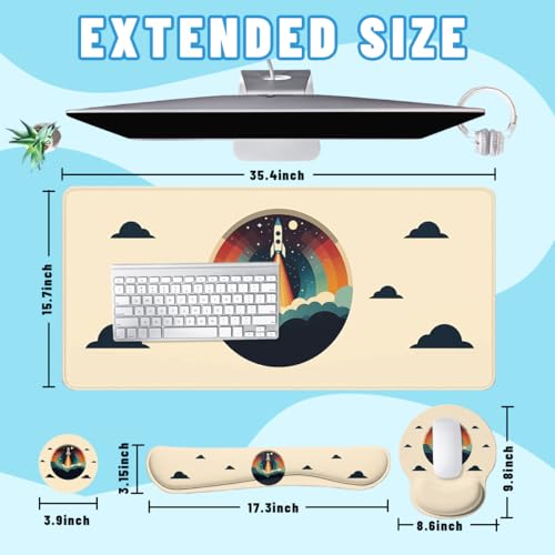 Retro Space Desk Mat Set Vintage Minimalism Rocket Launch Mouse Pad with Wrist Rest 4in1 Desk Mat for Desktop Ergonomic Computer Desk Arm Wrist Anti-Slip Computer Mouse Pad Home Office Gaming - color: Retro Space