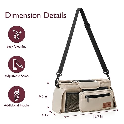 Momcozy Universal Baby Stroller Organizer, 2 Insulated Cup Holder, Detachable Zippered Pocket, Adjustable Shoulder Strap, Large capacity for baby essentials, Compact Design Fits Any Strollers - color: Khaki