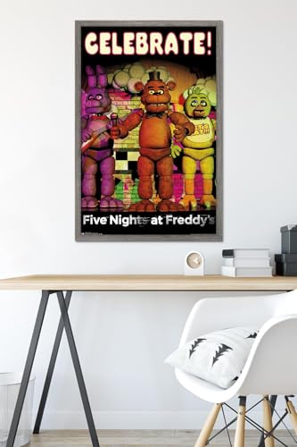 Trends International Five Nights at Freddy's - Celebrate Wall Poster, 22.375" x 34", Barnwood Framed Version - color: Barnwood Framed Version, size: 35.8"L x 24.3"W