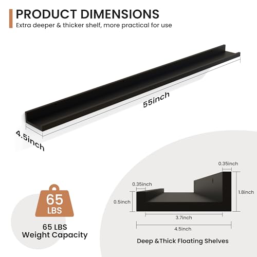 Fun Memories Picture Ledge Shelves Set of 2, 55 Inch Rustic Wall Mounted Floating Shelves with Lip for Home Storage and Décor in Bathroom, Kitchen, Nursery, Bedroom, Living Room, Black - color: Black, size: 55 inch, Set of 2