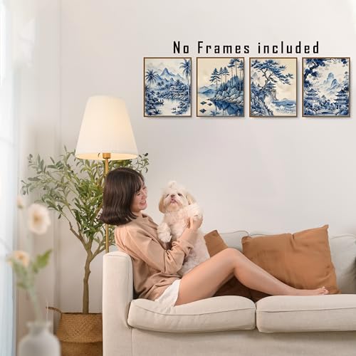 FITIE Blue and White Chinoiserie Scenic Wall Art Posters Set of 4, Grandmillennial Chinese Architecture Nature Mountain Canvas Prints Artwork Wall Decor for Bedroom Home Office, 8x10 Unframed - color: Color-Nature Landscape 09