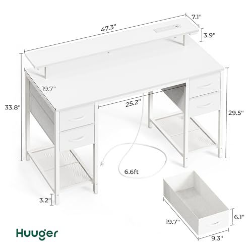 Huuger 47 inch Computer Desk with 4 Drawers, Gaming Desk with LED Lights & Power Outlets, Home Office Desk with Large Storage Space for Bedroom, Work from Home, White - color: White, size: 47 Inch