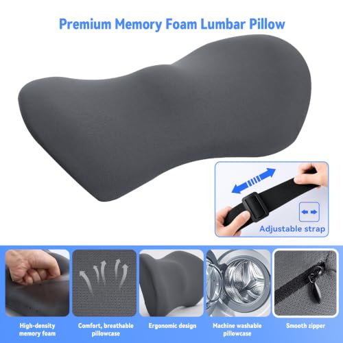 Lumbar Support Pillow for Office Chair and Car Seat, Lumbar Pillow with Adjustable Strap, Memory Foam Back Pillow for Lower Back Pain Relief, Back Support Pillow for Sitting, Driving, Traveling - color: Dark Grey (With Strap)