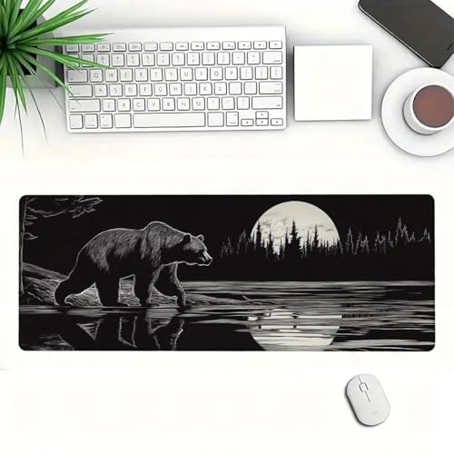 Bear Moonlight Mouse Pad Large Black Forest Lake Night Engraving Style Gaming Mouse Pad Mat with Stitched Edge Non-Slip Base Great for Work-from-Home or Office Use 31.5x11.8 Inch - color: Bear Moonlight