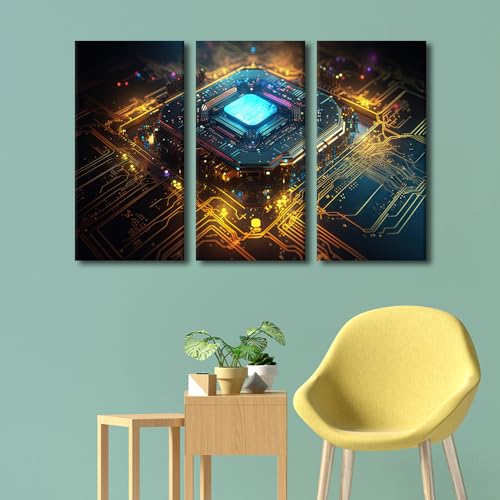 Digital Chip Framed Wall Art 3 Pieces Microchip Processor Wall Art Decor Database Concept Canvas Wall Art for Bedroom Posters & Prints Art Prints Stretched and Framed Ready to Hang (42"Wx28"H - color: Artwork-05, size: 42"Wx28"H