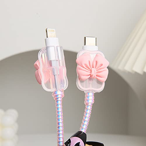 Compatible with iPhone 18W/20W USB-C Charger Cover Cute 3D Bow Tie Design Clear Soft Charger Protector Kawaii Cable Saver for iPhone 11 12 13 14 Pro Max Fast Power Adapter, Pink 2 (5in1) - color: Pink 2 (5 in 1)