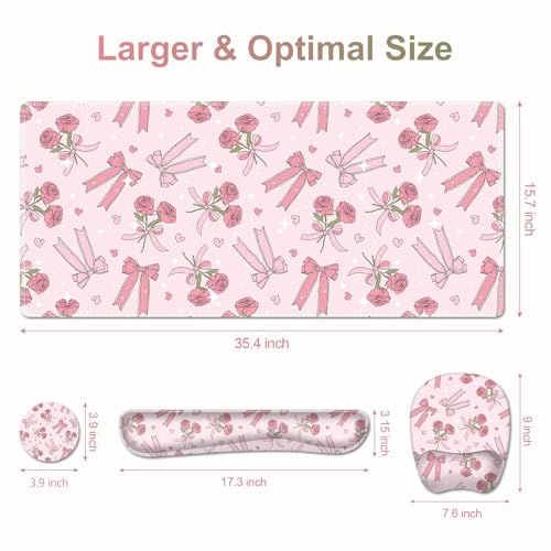 Pink Mouse Pad with Wrist Support 4 in1 Set, XXL Big Game Mousepad + Keyboard Wrist Rest + Mouse Wrist Rest Pad +Coaster Gaming Mat for Home Office Work Computer Laptop PC I Sweet Rose & Heart Bow - color: Sweet Rose & Heart Bow