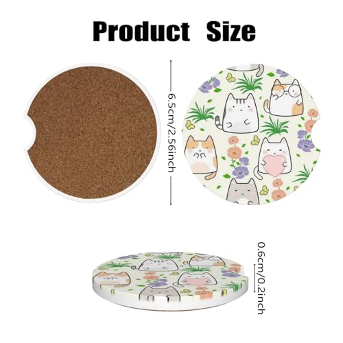 Car Cup Holder Coasters, 2 Pcs Ceramic Coasters with Cork Back and Finger Slot, Anti-Slip Shock Absorbing Women and Men Universal Car Accessories - Love Cat - color: Love Cat