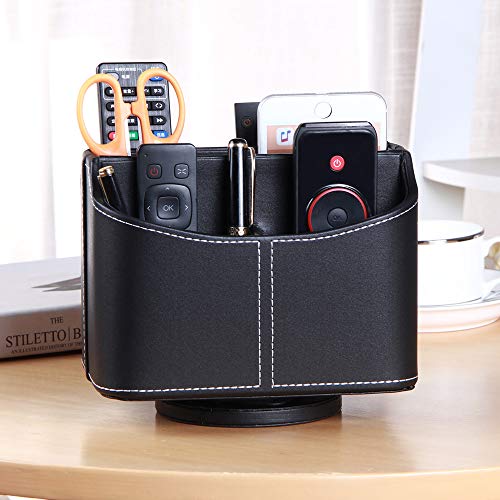 Remote Control Holder 360 Degrees Rotatable Desk Stationery Supply Organizer PU Leather Desktop Storage Box for Controllers Media Bedside Spinning TV Caddy iPad Mobile Pencil Cosmetic - color: A Black