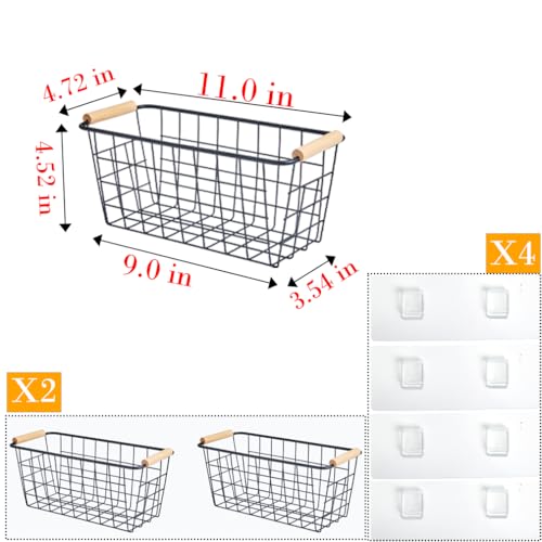 Black Metal Hanging Baskets with Handle, Wire Wall Storage Organizer with Hooks, Adhesive baskets for Kitchen, Bathroom, Pantry,Spice Rack, Cabinet Organizer, Shower Caddy 2-Pack - size: 2 Pack