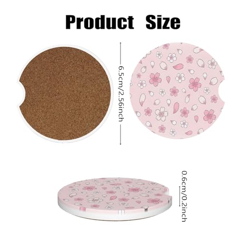 Car Cup Holder Coasters, 2 Pcs Ceramic Coasters with Cork Back and Finger Slot, Anti-Slip Shock Absorbing Women and Men Universal Car Accessories - Pink Sakura - color: Pink Sakura
