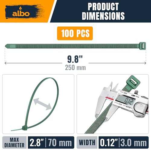 ALBO 10 Inch Green Zip Ties – Green Cable Ties for Indoor and Outdoor Use, UV Resistant Tie Wraps for Wires, Cables, Floral Arrangements, and Garland, 100 Pack - size: 10" Green 100 Pack 30lb