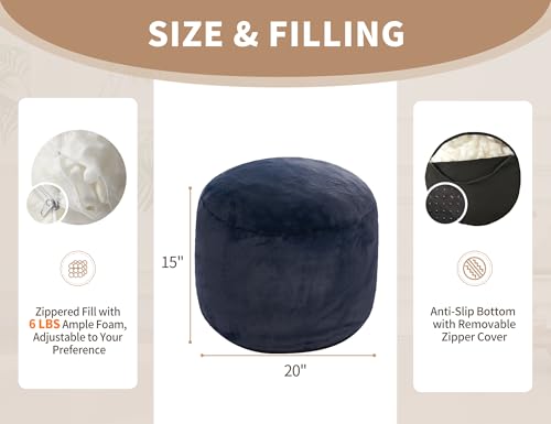 WSOFRLAC Round Pouf Ottoman, Poofy Ottoman Foot Rest, Small Couch Boho Foot Stools for Living Room, 20x15in Multifunctional Soft Floor Poufs for Sofa, Office,Under Table, Navy - color: Navy Blue, size: 20"D x 20"W x 15"H
