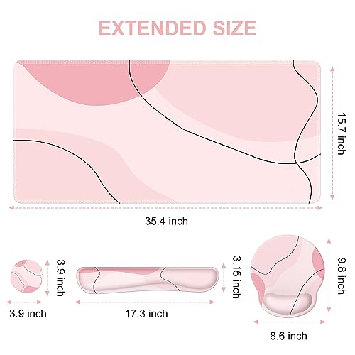 iCasso Large Gaming Mouse Pad Wrist Support Set, Desk Mat, 4in1 XXL Mousepad + Keyboard Wrist Rest+Mouse Wrist Rest+Coaster Set with Ergonomic Design for Home Office Table Computer-Pink Art - color: Pink Art