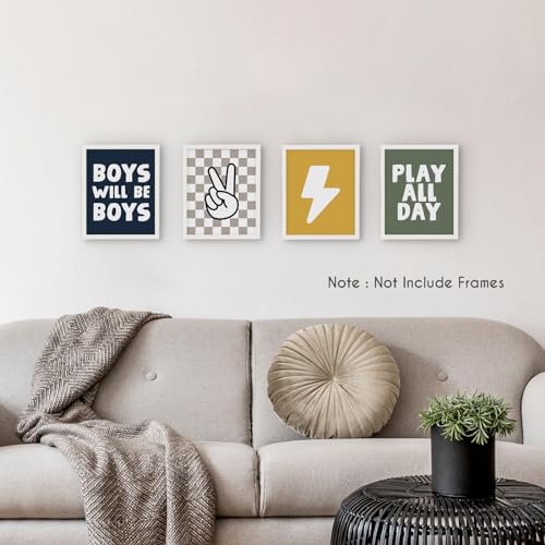 HRQKO Boho Boys Room Wall Art Poster Set, Positive Boys Playing Prints, Black Checkered Hand Prints, Unframed (blue) - 4 Pieces (12'x16') - color: blue4, size: 8x10