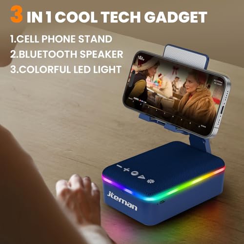 JTEMAN Gifts for Men Women,Cell Phone Stand with Bluetooth Speaker,LED Light,and Lanyard,Cool Tech Gadgets,Unique Birthday Gifts for Men Husband Mom Dad-Blue - color: Blue