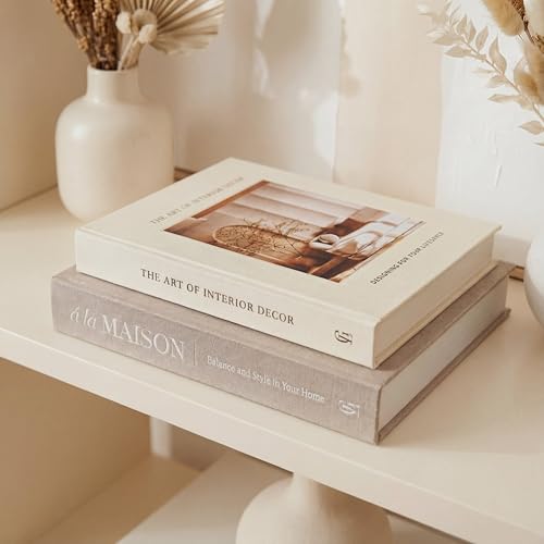 Decorative Fake Books for Home Decor – Set of 2 Linen Faux Book Storage Boxes with Hidden Storage to Reduce Visible Clutter, Coffee Table & Bookshelf Decor for Living Room Styling
