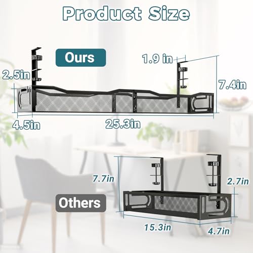 Cable Management Under Desk, 25.3'' No Drill Desk Cable Management Tray with Clamp, Metal Cord Organizer for Standing Desk, Computer Wire Management for Home Office & Gaming Setup, Black - color: Black