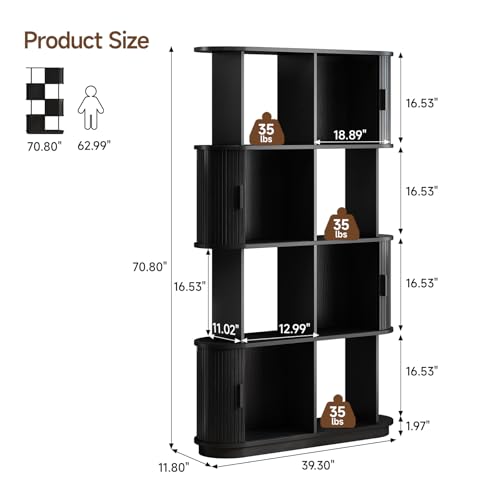 ONBRILL 71" Tall 4-Tier Bookshelf, 8-Cube Display Bookcase with Sliding Door, Mid-Century Modern Storage Organizer, Freestanding Book Shelf for Living Room, Bedroom, Home Office, Black - color: Black