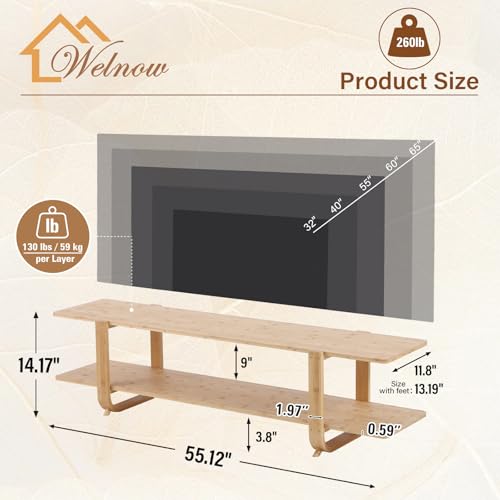 Welnow Low Bamboo TV Stand for Up to 65 Inch, Small Mid Century Modern Entertainment Center with 2-Tier Open Shelves, Natural Media Console Table for Living Room, Bedroom - color: Wood, size: 55.1"