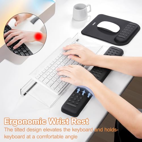 MOSISO Computer Keyboard Stand&Wrist Rest Support for Keyboard &Mouse Pad Set, Ergonomic Massage Wrist Rest Set, Easy Typing Working Acrylic Clear Stand for Office Home, Black - color: Black