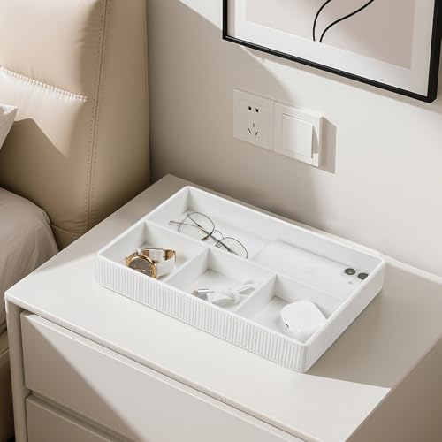 PU Leather Valet Tray, Decorative Trinket Vanity Desk Drawer Organizer Tray, Perfume Dish Catch All Bowl for Keys, Nightstand Drawer Organizer Women Men with 4 Compartments (Cream-White) - color: Cream-white