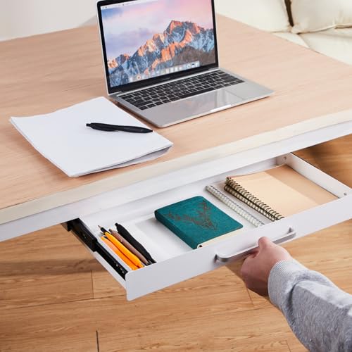 Under Desk Drawer Organizer 21" White Upgrade with Adjustable Brackets, Sliding Pull-Out Under Table Pencil Drawer, Office Standing Desk Attachment for Workbench - color: White_4 Modes