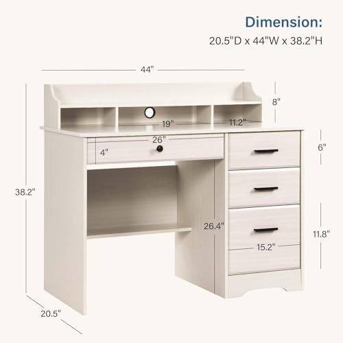 Small Desk with 4 Drawers, Computer Desk with Storage & Monitor Stand for Small Spaces, Office Desk with File Drawer & Shelves for Bedroom, Wood Writing Desk for Home Office, Milky White - color: Milky White
