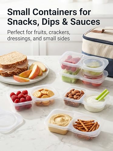 20-Pack 2 Compartment Snack Containers with Secure-Fit Lids, Reusable BPA-Free Snack Prep Boxes, Portion Control Food Storage Containers for Lunch, Meal Prep, Office, Picnic & Travel (20)